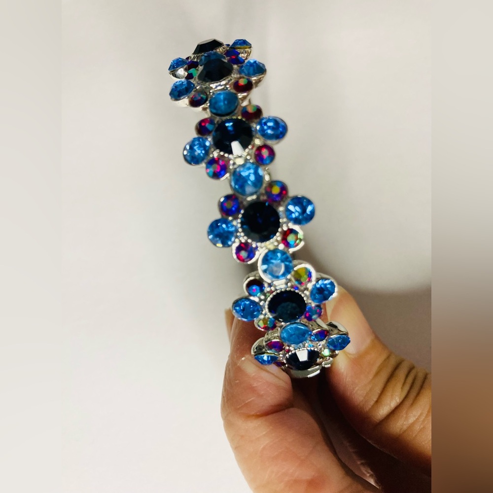Monet Silver Bangle with Bright Blue Crystal Flowers - Picture 3 of 5